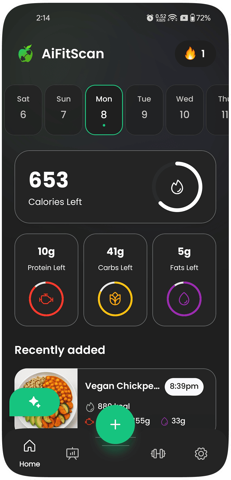 AiFitScan dark mode calorie tracker interface