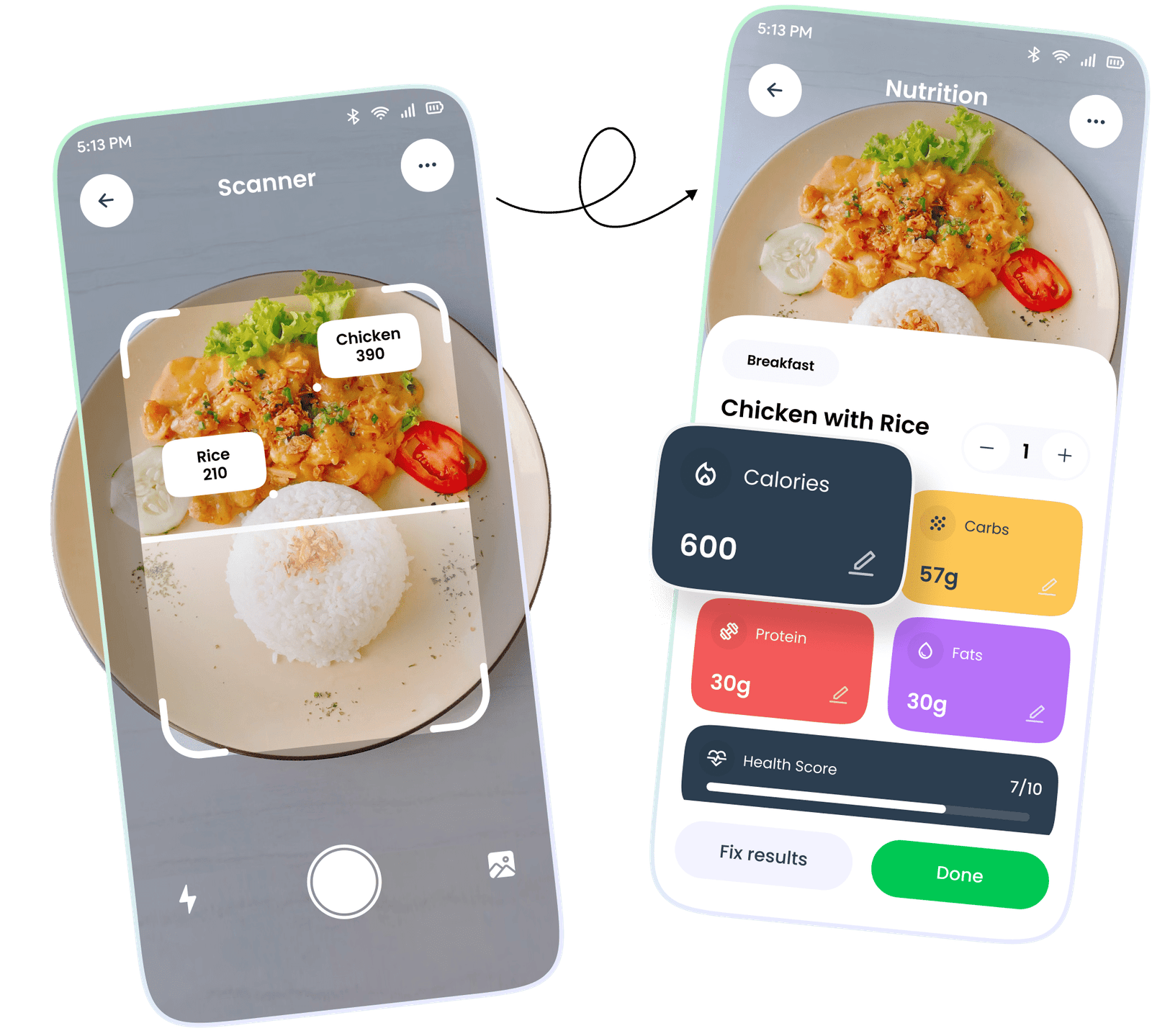 AiFitScan free calorie tracker app showing daily calorie intake, macro tracking, nutrition facts, and meal reminders for weight loss
